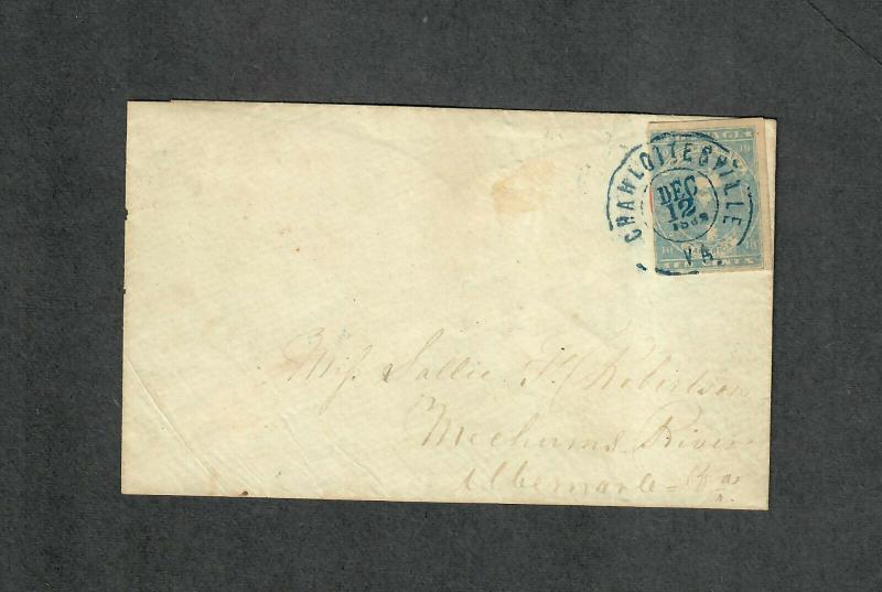 Charlottesville VA Cover Dec 12 1862 CSA Sc#2 On US Sc#u26 Removed+Hinged