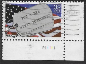 US #2966 used. Plate single - POW - MIA, Never Forgotten.  Nice.