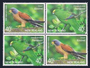 New Zealand 1688-1689a block,MNH. Endangered Birds 2000.Lesser kestrel,Parakeet.