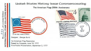 US FLAG CACHET COVER WITH FLAG CANCEL COMMEMORATING BICENTENNIAL 1977 CANCEL