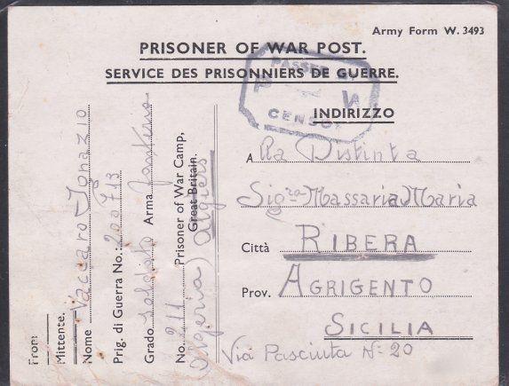 ALGERIA 1945 British POW card from Italian Prisoner to Italy...............53665