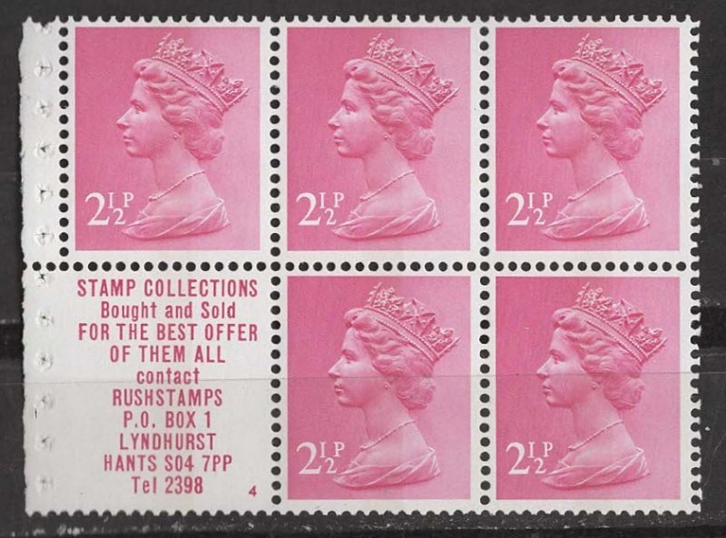 Great Britain #MH32b  Booklet Pane 5  plus label (STAMP...) (1) Mint NH