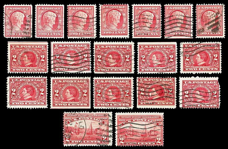 Scott 367, 370, 372 2c Red Commemoratives 19 total Used Fine+ Cat $41.75