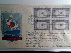 SCOTT # 921 KOREA BLOCK OF 4 FIRST DAY OF ISSUE NICE CACHE !!