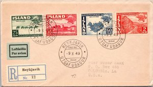 1949 Reyjavik Iceland Registered Mail Cover to Columbia Louissiana LA USA