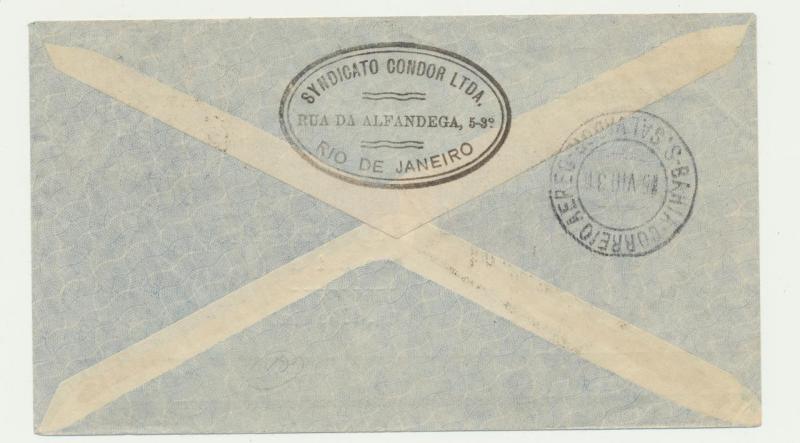 BRAZIL RIO TO BAHIA 1931 DOX FLIGHT COVER AAMC#10a VERY CLEAN WITH RECVR