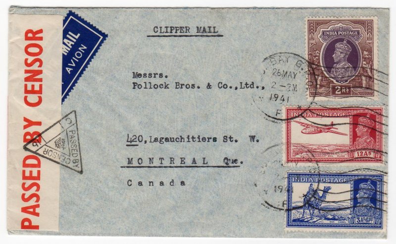 India 3a6p, 12a, 2r censored clipper airmail to Canada, May 1941