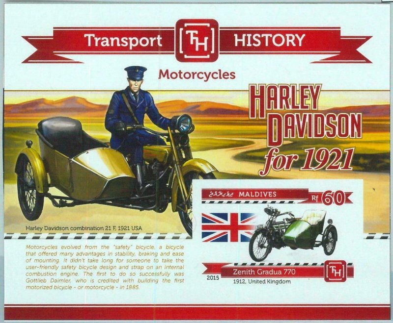 A0975 - MALDIVES, ERROR, IMPERF, Souvenir sheet: 2015 Harley Davison Motorcycles 