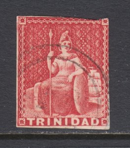 Trinidad Sc 6 used. 1857 1p brown red, imperf with 3 margins, rebacked.