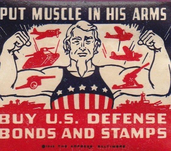 Fine WW2 Put Muscle in His Arms US Poster Stamp.1943 US Defense Bonds.50x42mm