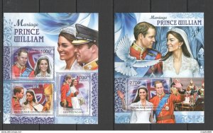 2011 Central Africa Wedding Prince William Royalty Middleton Bl+Kb ** Ca1015