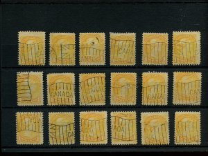 ?Various cancels on 18 x 3 cent SMALL QUEENS used Canada