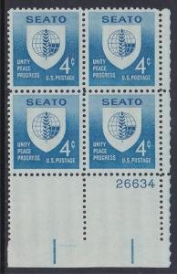 U.S.#1151 SEATO 4c Plate Block of 4, MNH.