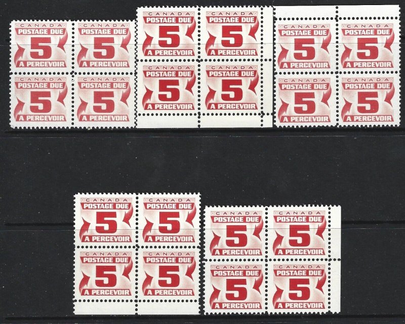 CANADA - #J25 - 5c POSTAGE DUE BLOCKS OF 4 LOT MNH