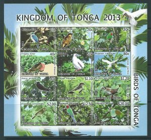 TONGA SGMS1689 2013 BIRDS (II) 12 VALUE SHEETLET MNH