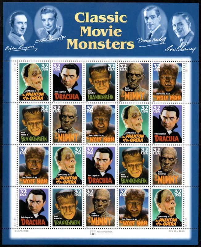 MALACK 3168 - 72a VF/XF NH, 32c Classic Movie Monste..MORE.. sheet3168-72a