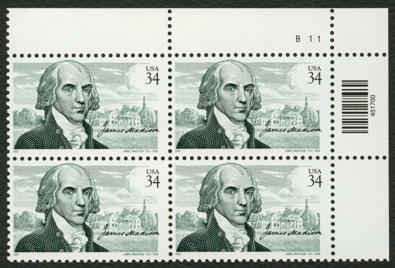 #3545 34c James Madison, Plate Block [B11 UR], Mint **ANY 4=FREE SHIPPING**