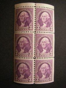 Scott 720b, 3c Washington, Booklet pane of 6 with tab, MNH Beauty, CV $60