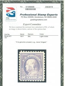 USA #477 Very Fine Never Hinged Post Office Fresh **With Certificate**