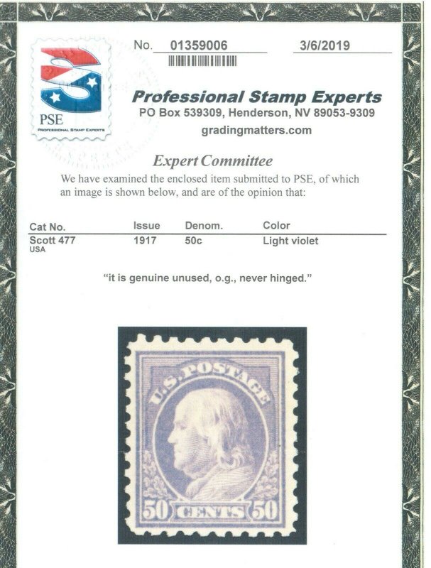 USA #477 Very Fine Never Hinged Post Office Fresh **With Certificate**