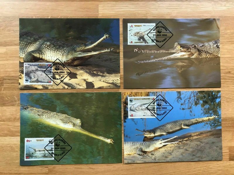 1990 BANGLADESH - SG:340/3 - WORLD WILDLIFE FUND - 4 x MAXI CARDS  CROCODILE