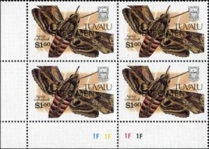 Tuvalu 1991 #566 - 569 VF NH Blocks with Specimen Overprint, Butterflies