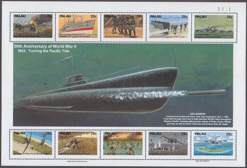 PALAU Sc # 316a-j MNH  SHEET of 10 DIFF WORLD WAR II in the PACIFIC