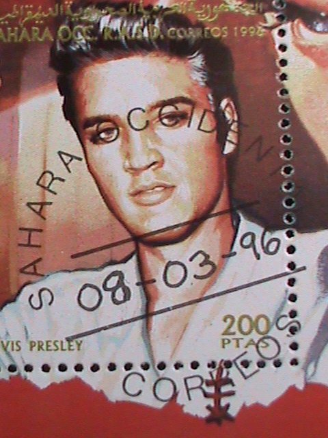 ​SHARJAH 1996-FAMOUS ROCK AND ROLL MOVIE STAR ELVIS -CTO S/S SHEET VERY  FINE