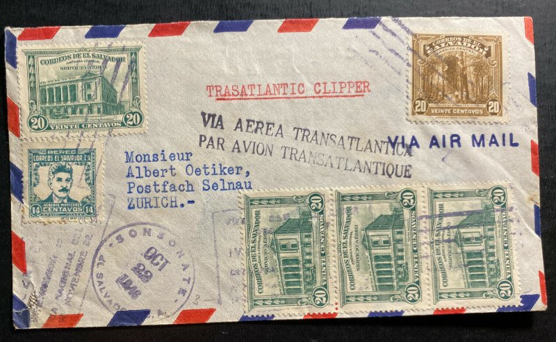 1946 El Salvador Airmail Trans Atlantic Clipper Cover To Zurich Switzerland 