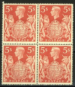 GB 1939 KGVI 5/- Red Block of 4 sg477 (4v) Unmounted Mint Stamps