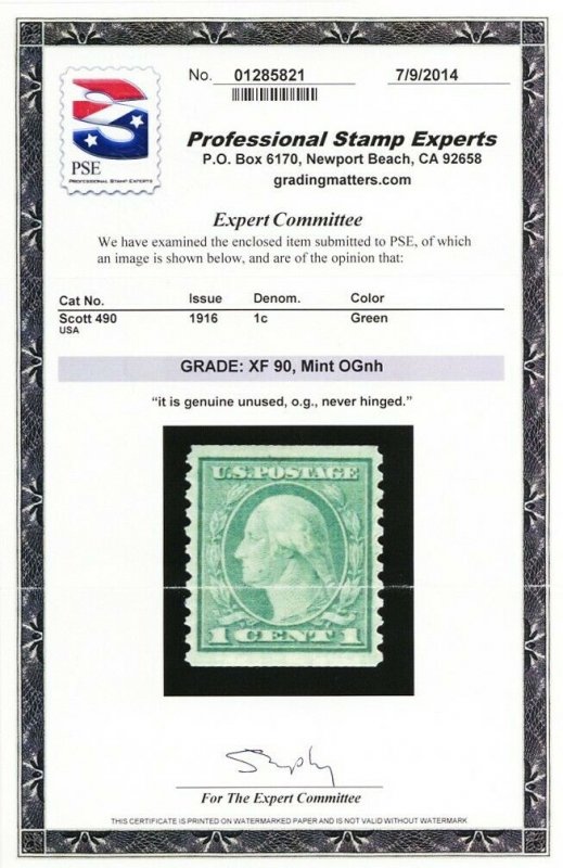 490, Mint NH XF NH Coil With PSE Graded 90 Certificate - Stuart Katz