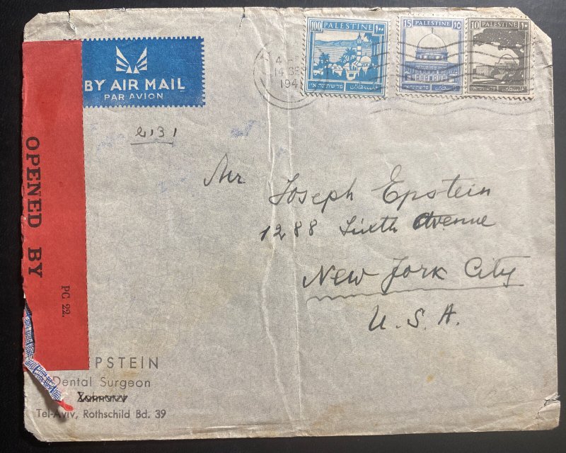 1941 Tel Aviv Palestine Airmail Censored Cover To New York City USA 