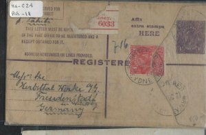 AUSTRALIA COVER (P0701BB) 1924  KGV 4 1/2D RLE+ TORN 1 1/2D REG COVER TO GERMANY 