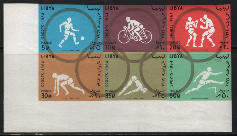 LIBYA, 263A, BLOCK OF 6, IMPERF, MNH, 1964 18th Olympic games