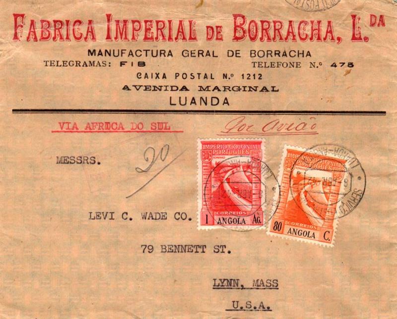 Angola 80c and 1A Dam 1942 Servico Postal - Aereo, Luanda-Angola Airmail to L...