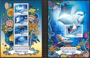 Maldive Islands 2016 Marine Life Fishes Manta Rays Sheet + S/S MNH