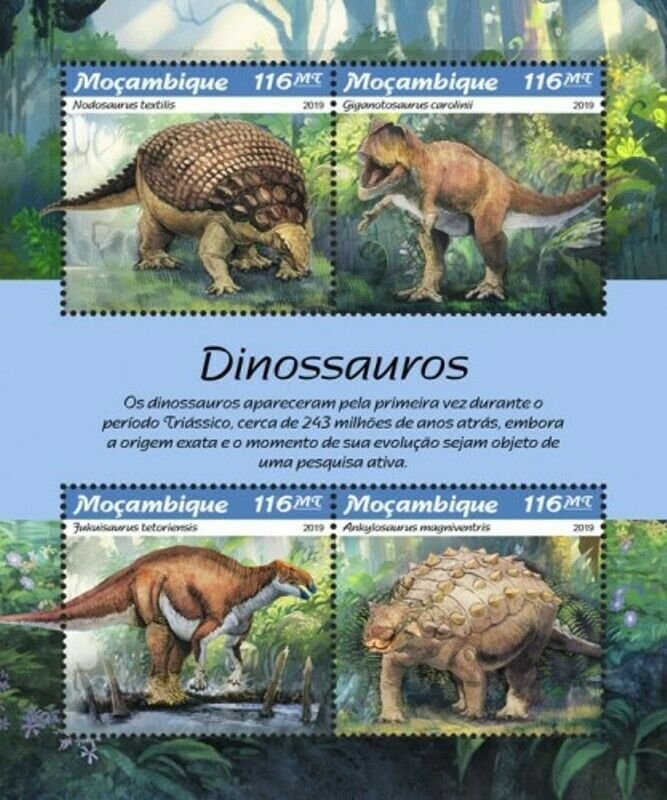 Mozambique - 2019 Dinosaurs - 4 Stamp Sheet - MOZ190108a 