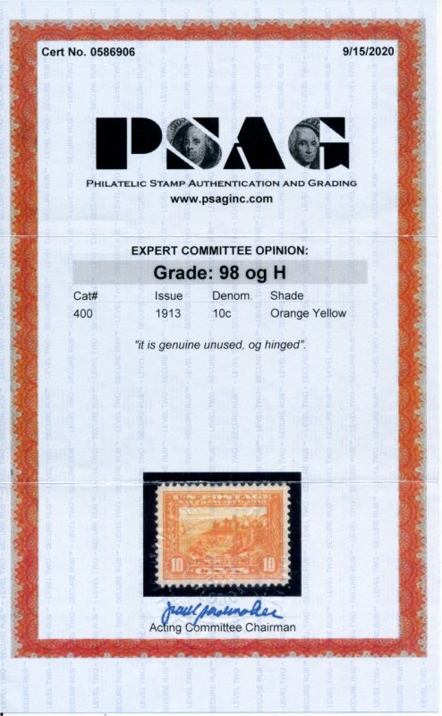 US 400 10c 1913 Panama Pacific orange yellow PSAG grade 98 unused OG hinged