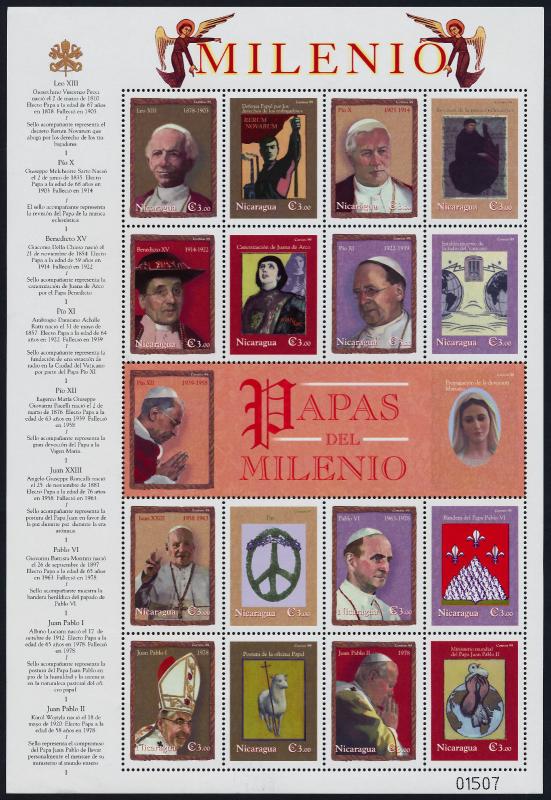 Nicaragua 2537-9 MNH Millenium, Pope John Paul II, John XXIII, Leo XIII, Pius XI