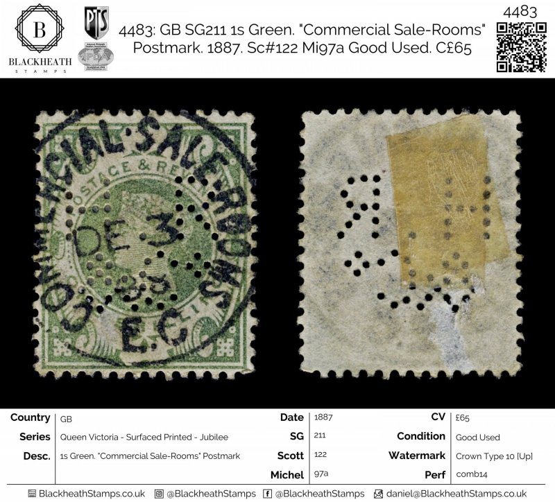 4483: GB SG211 1s Green. Commercial Sale-Rooms Postmark. 1887. Sc#122 Mi97a...