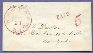 NEWPORT R.I., 1851  STAMPLESS COVER, NO CONTENT, LADIES SIZE, SUPER CLEAN.