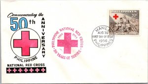 Philippines FDC 1956 - 50th Anniv Nat'l Red Cross - 20c Stamp - Single - F43126