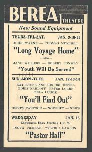 1941 BEREA OH THEATRE SHOWS LONG VOYAGE HOME W/J WAYNE & T MITCHELL ETC