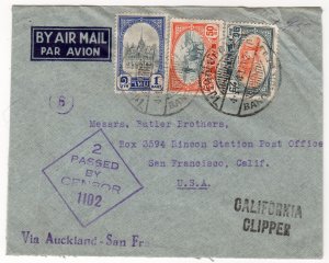 Thailand 25stg, 50stg, 1baht clipper airmail to Calif. via New Zealand Nov.1941