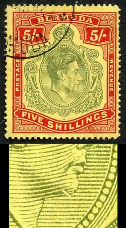 Bermuda SG118bf KGVI 5/- Pale Green and Red/yellow Line Perf 14.25 GASH in CHIN