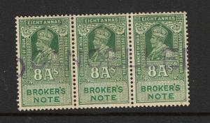 India 1923 8A Bankers Note Specimen Strip of 3 MLH / 2NH / Toned Gum - S1915