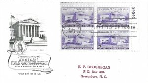 1950 FDC, #991, 3c National Capital 150th, plate block of 4