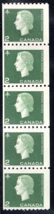 Scott 406, Canada, Strip of 5, 2c Coil, F, MNHOG, green, 1962-1963 Cameo Issue