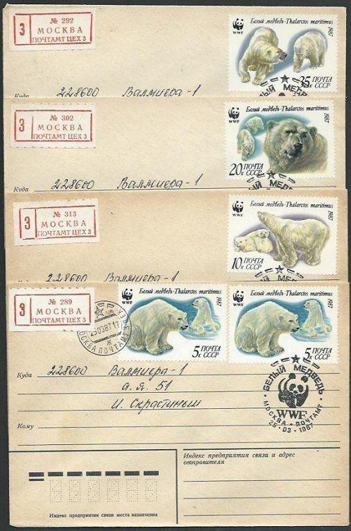 RUSSIA 1987 Registered 4 covers Polar Bears. WWF Panda cancels.............60730