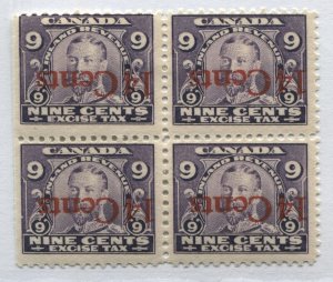 KGV  9 cents INVERTED overprint 14 cents Excise Tax block of 4 unmounted mint NH